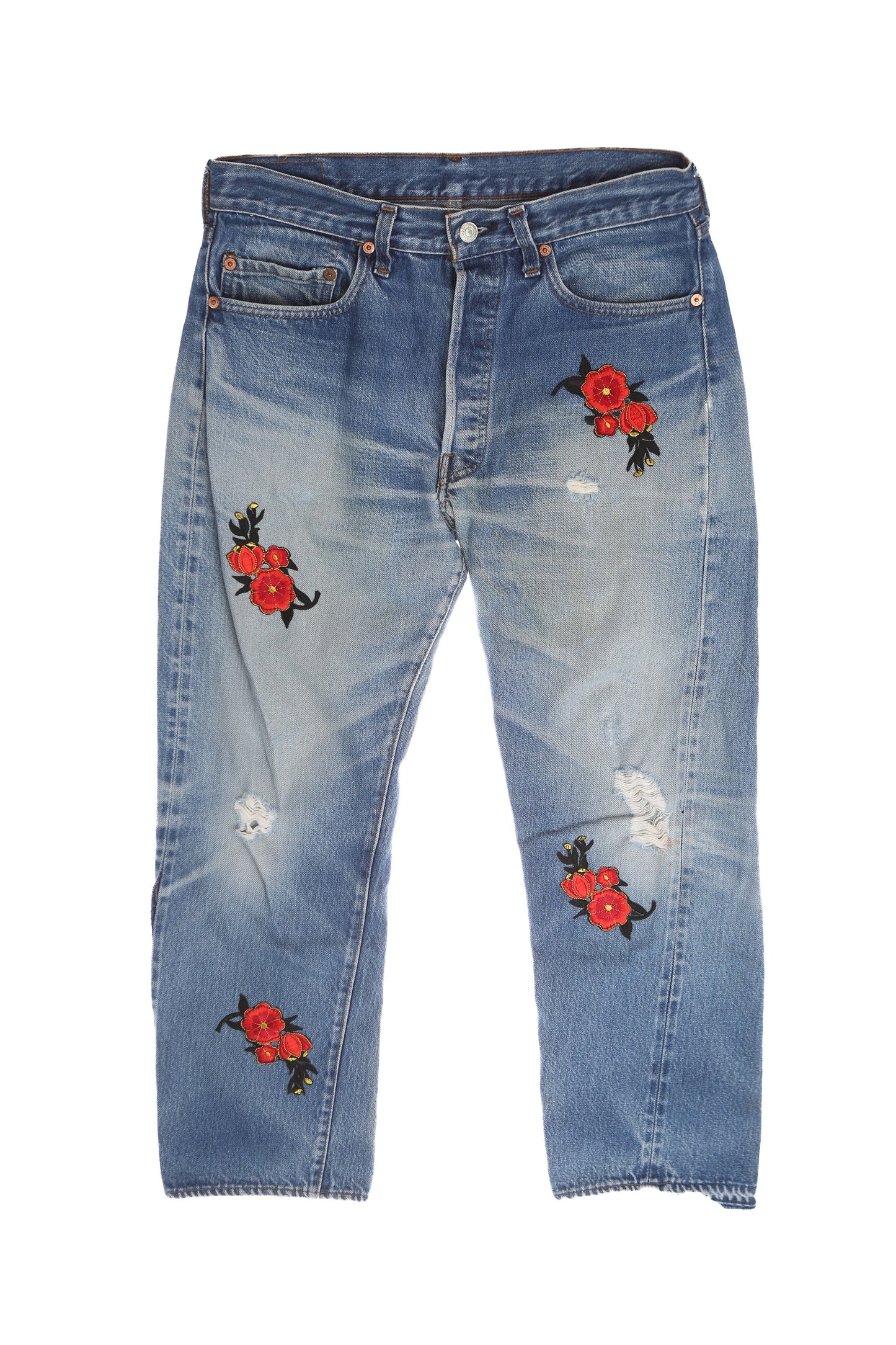 501 Levi's Jeans - Blue Medium Denim Wash - with Rose Patches - Distressed