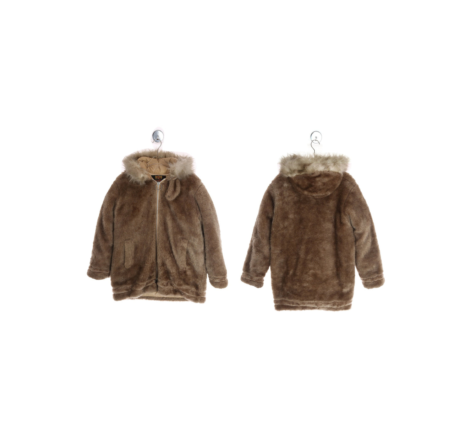 Vintage Men's Brown Faux Fur Down Hooded Jacket