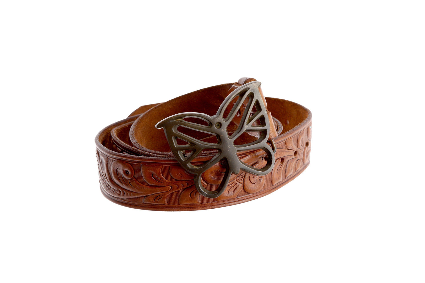 Vintage Tooled Leather Belt with Steel Butterfly Buckle and Camp Pupukea Hawaii Engraved Words
