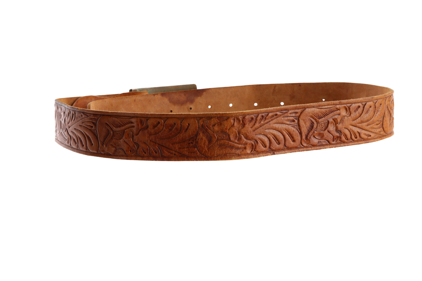 Vintage Tooled Western Leather Belt with Horseshoe Design Steel Bel Buckle