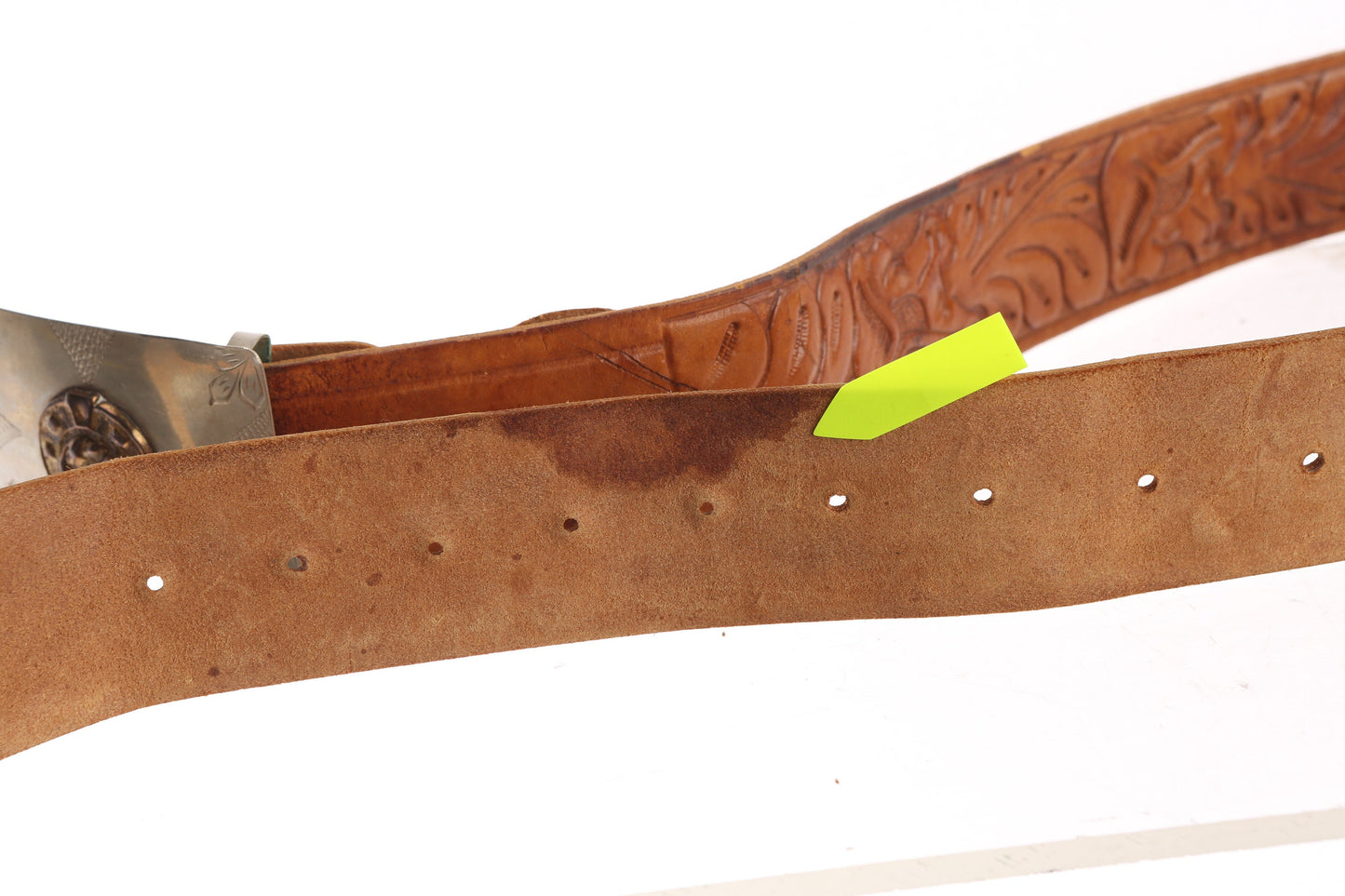 Vintage Tooled Western Leather Belt with Horseshoe Design Steel Bel Buckle