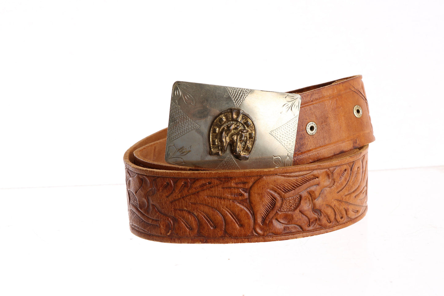 Vintage Tooled Western Leather Belt with Horseshoe Design Steel Bel Buckle