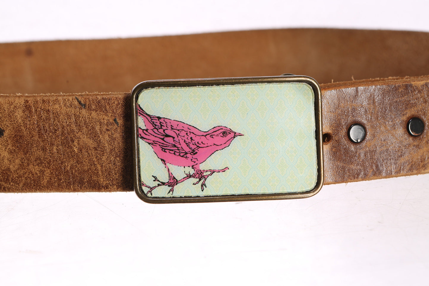 Vintage Leather Belt with Pink Little Bird Buckle