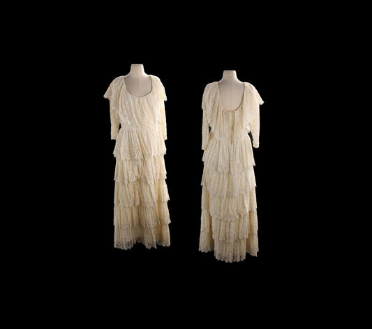 Vintage Women Beige Ruffled Lace Dress