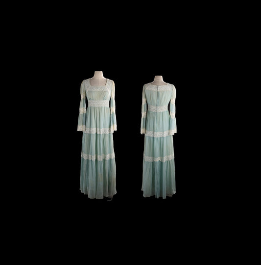 Vintage Women's Blue Cotton Long Summer Boho Dress by Roberta of California