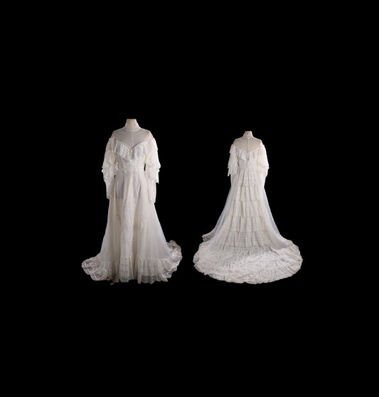 Vintage White Wedding Dress with Back Ruffled Lace Designs - All Stains Have Been Removed - Ask for Details if Needed