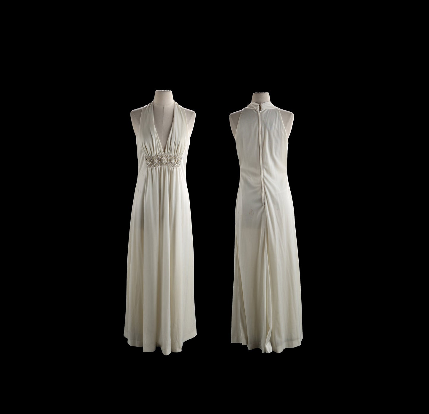 70s White Long Elegant Poly Dress by Dupis for Jack Bryan
