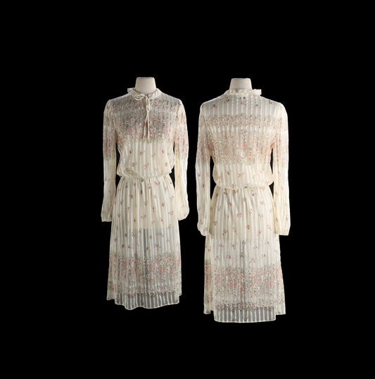 80s White Flora Print Summer Dress