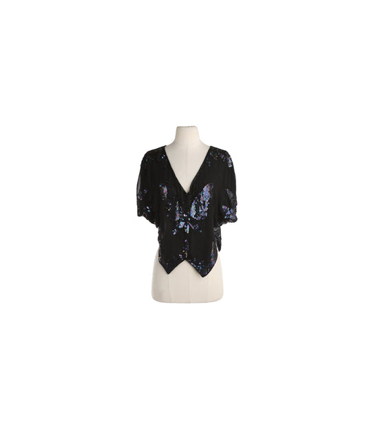 Black Sequin Top with Butterfly Pattern / Disco / 1980s - 1990s