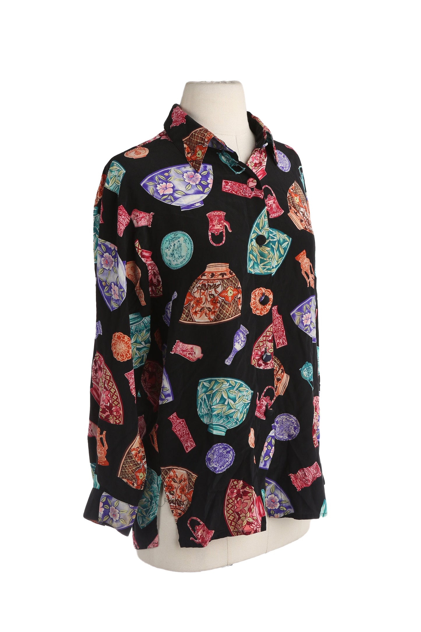 Vintage Women Black Silk Blouse with Pottery Print