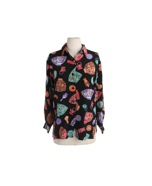 Vintage Women Black Silk Blouse with Pottery Print