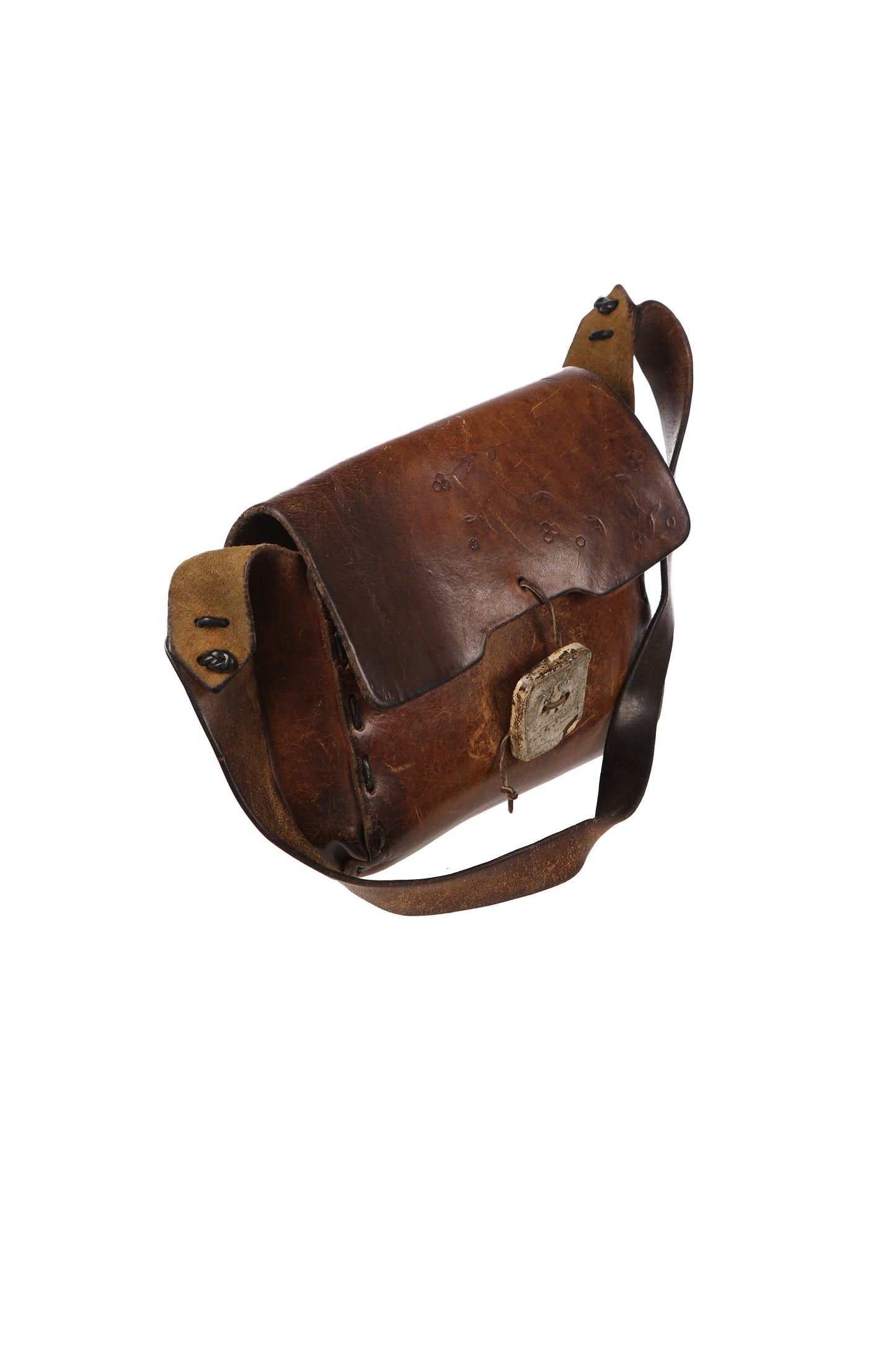 70s Tooled Brown Leather Bag with Eagle Engraved Stone Decoration