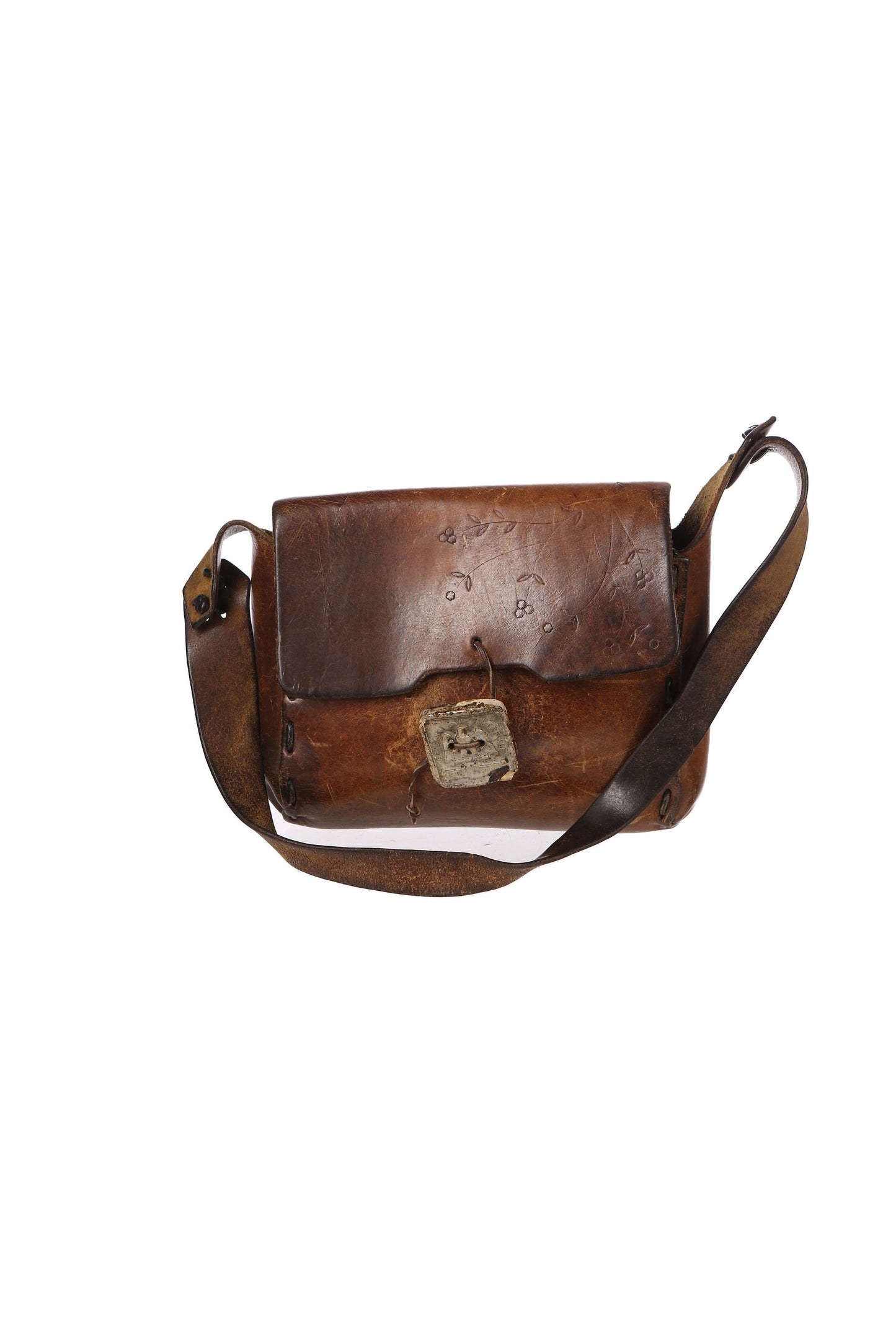 70s Tooled Brown Leather Bag with Eagle Engraved Stone Decoration