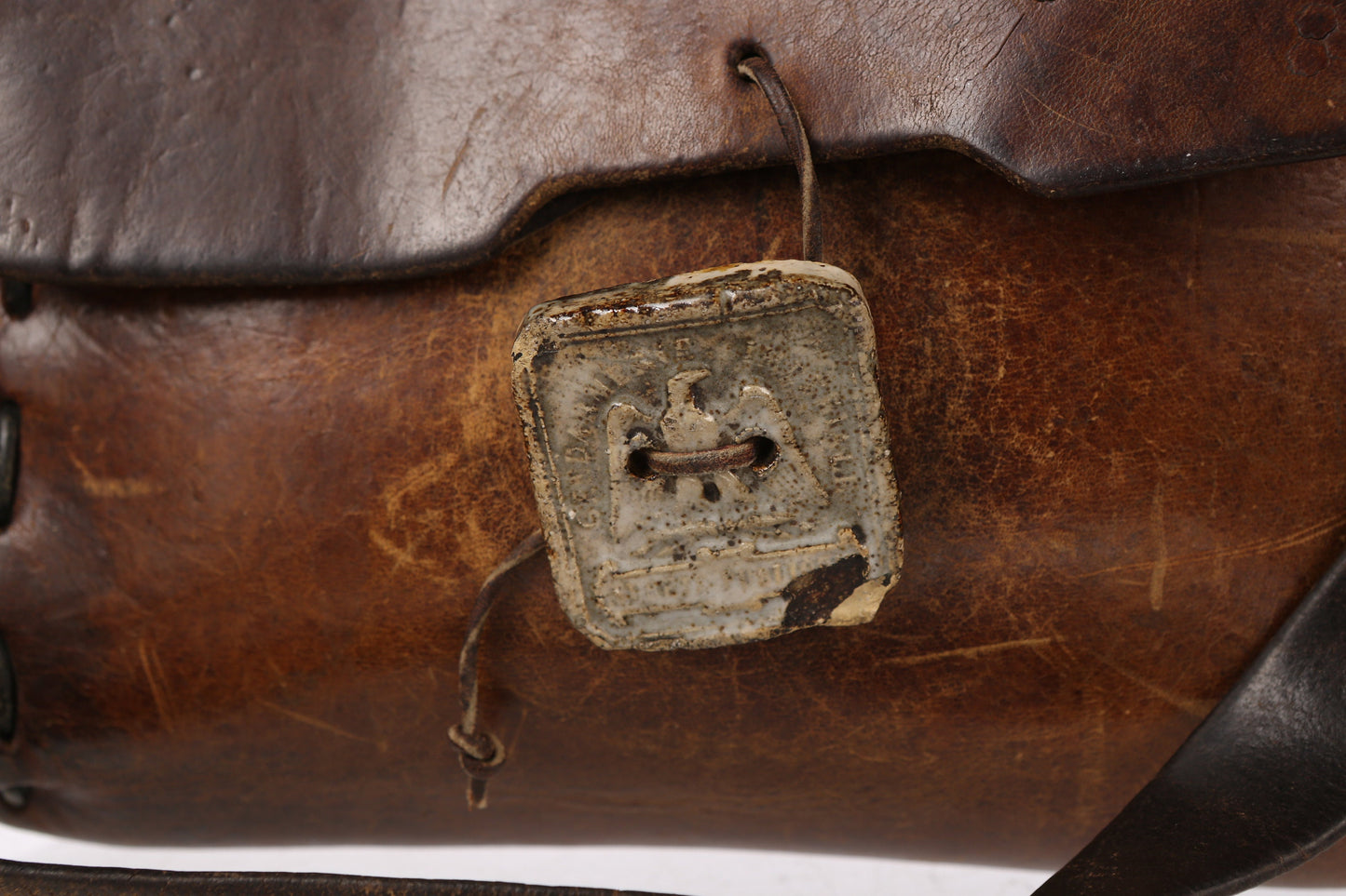 70s Tooled Brown Leather Bag with Eagle Engraved Stone Decoration