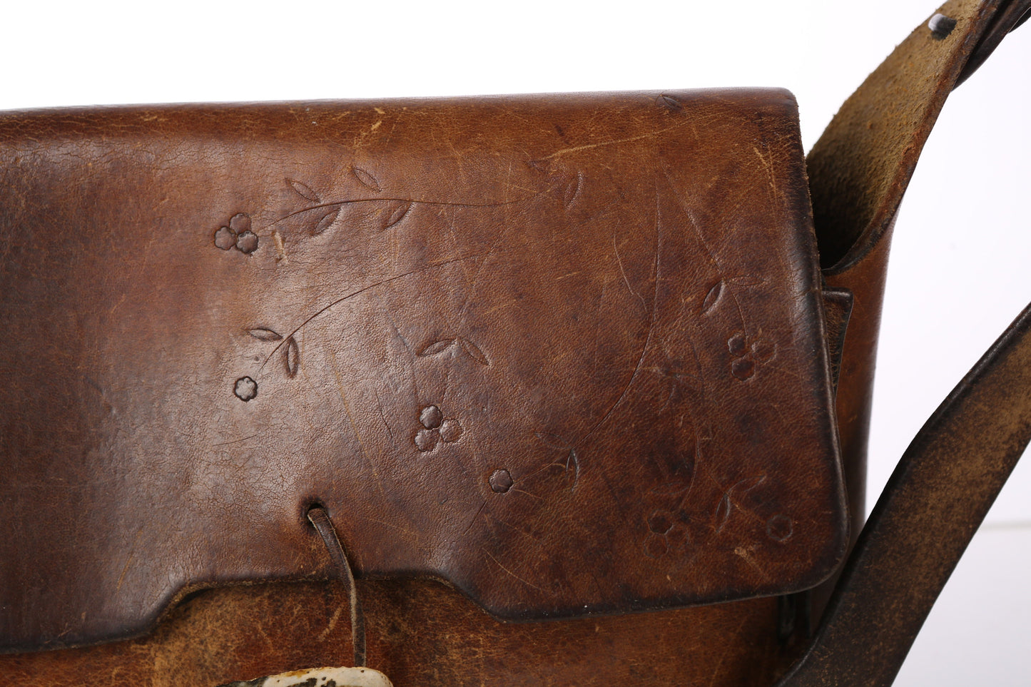 70s Tooled Brown Leather Bag with Eagle Engraved Stone Decoration