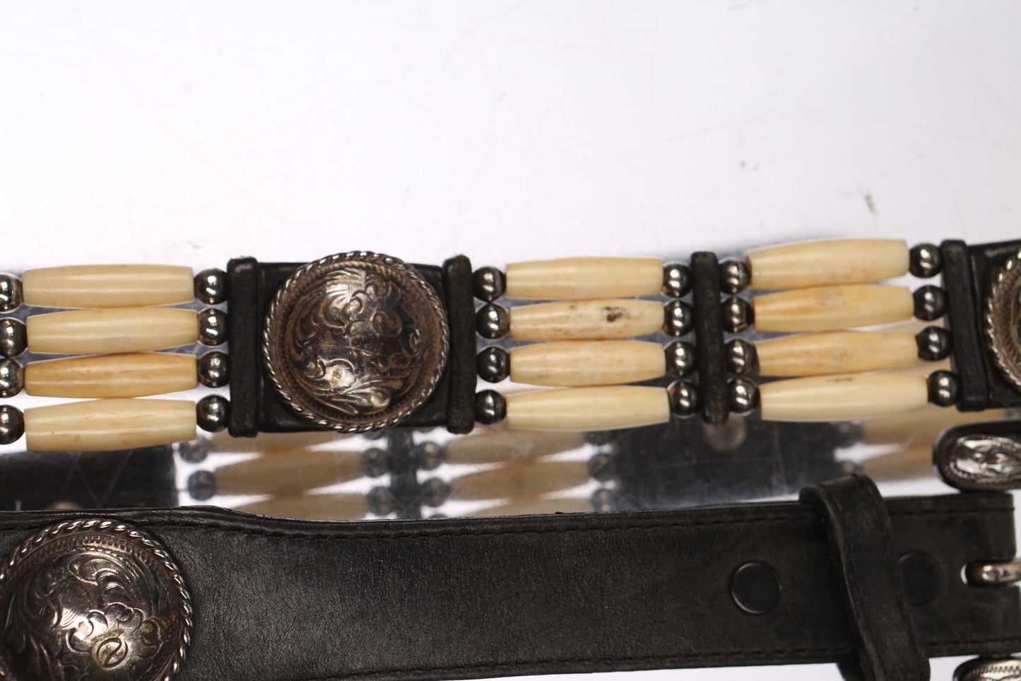 Vintage Black Western Belt with Bones Attachments and Steel Engraved Bel Buckle