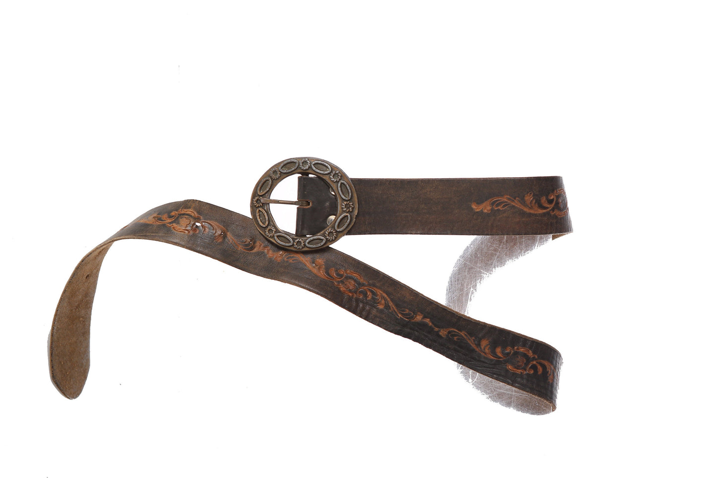 70s Tooled Leather Belt with Engraved Steel Belt Buckle