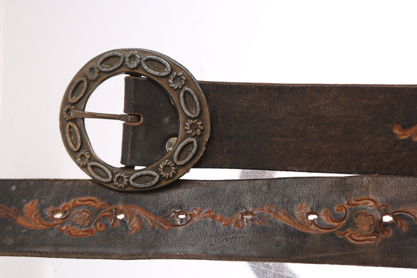 70s Tooled Leather Belt with Engraved Steel Belt Buckle