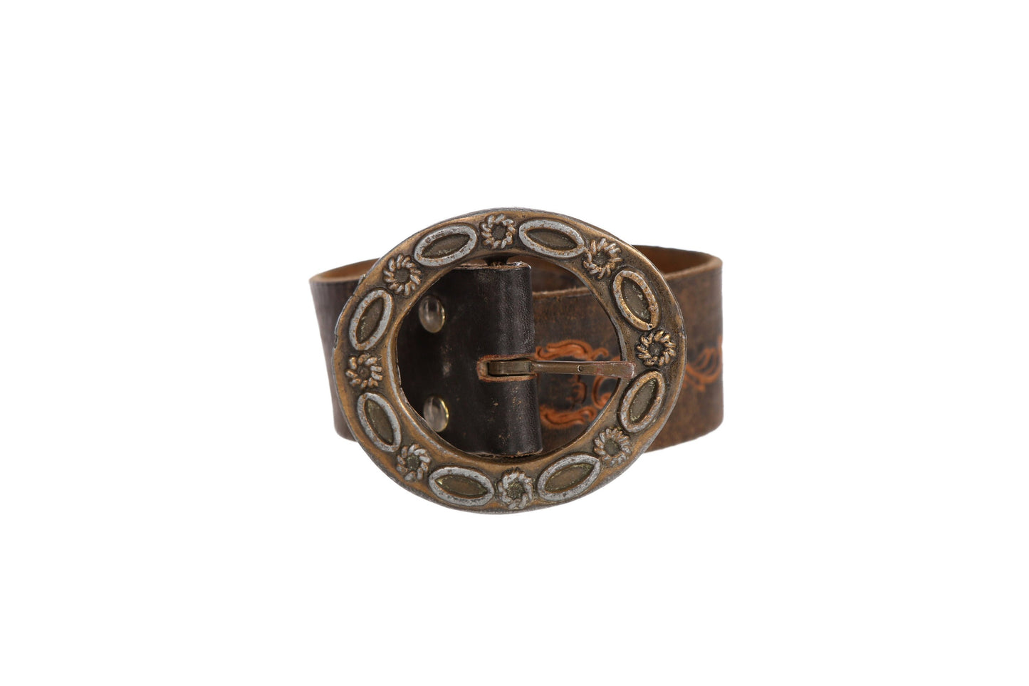 70s Tooled Leather Belt with Engraved Steel Belt Buckle
