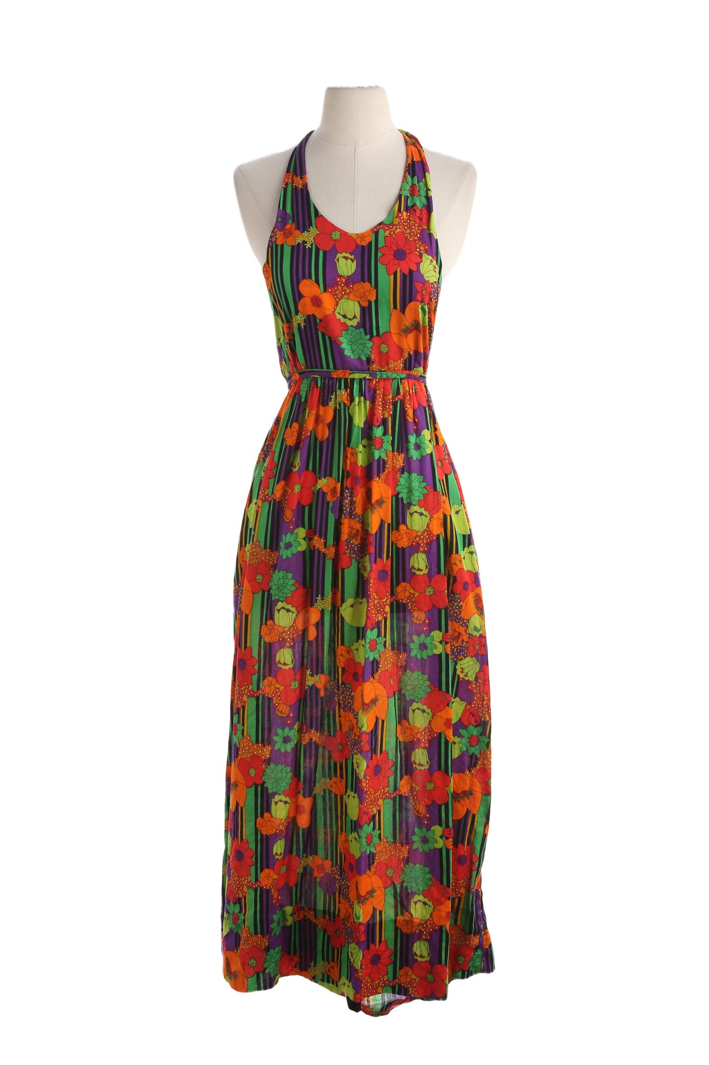 70s Long Floral Print Halter Summer Dress