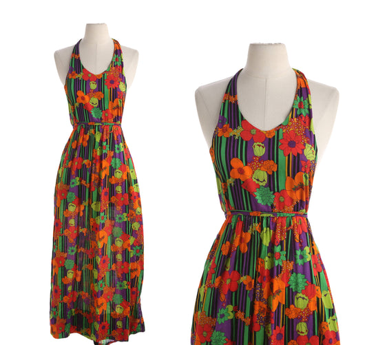 70s Long Floral Print Halter Summer Dress