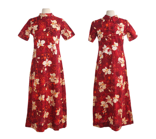 Vintage Women's Long Red Floral Print Hawaiian Dress