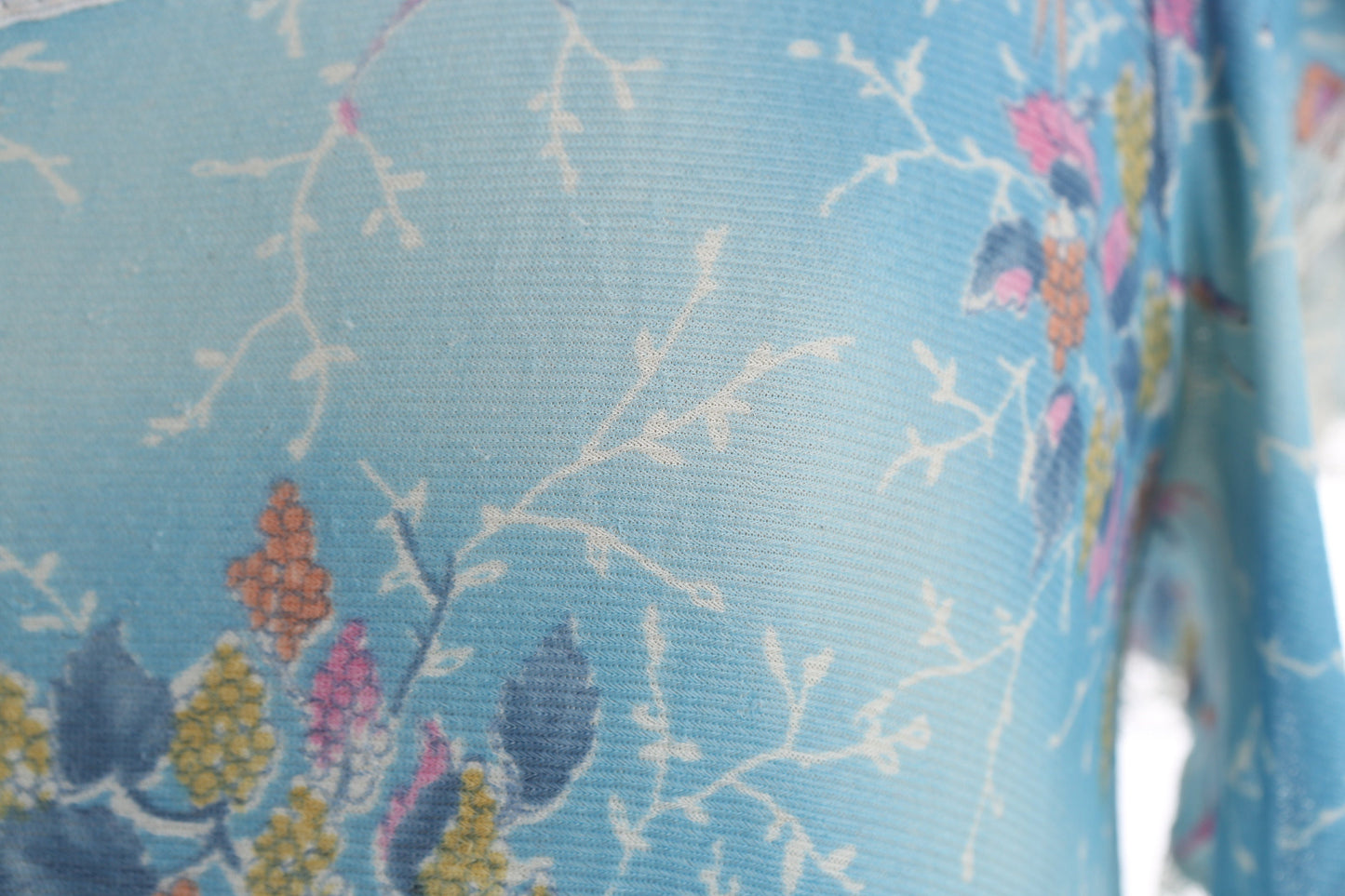 70s Floral Print Long Blue Poly Summer Dress