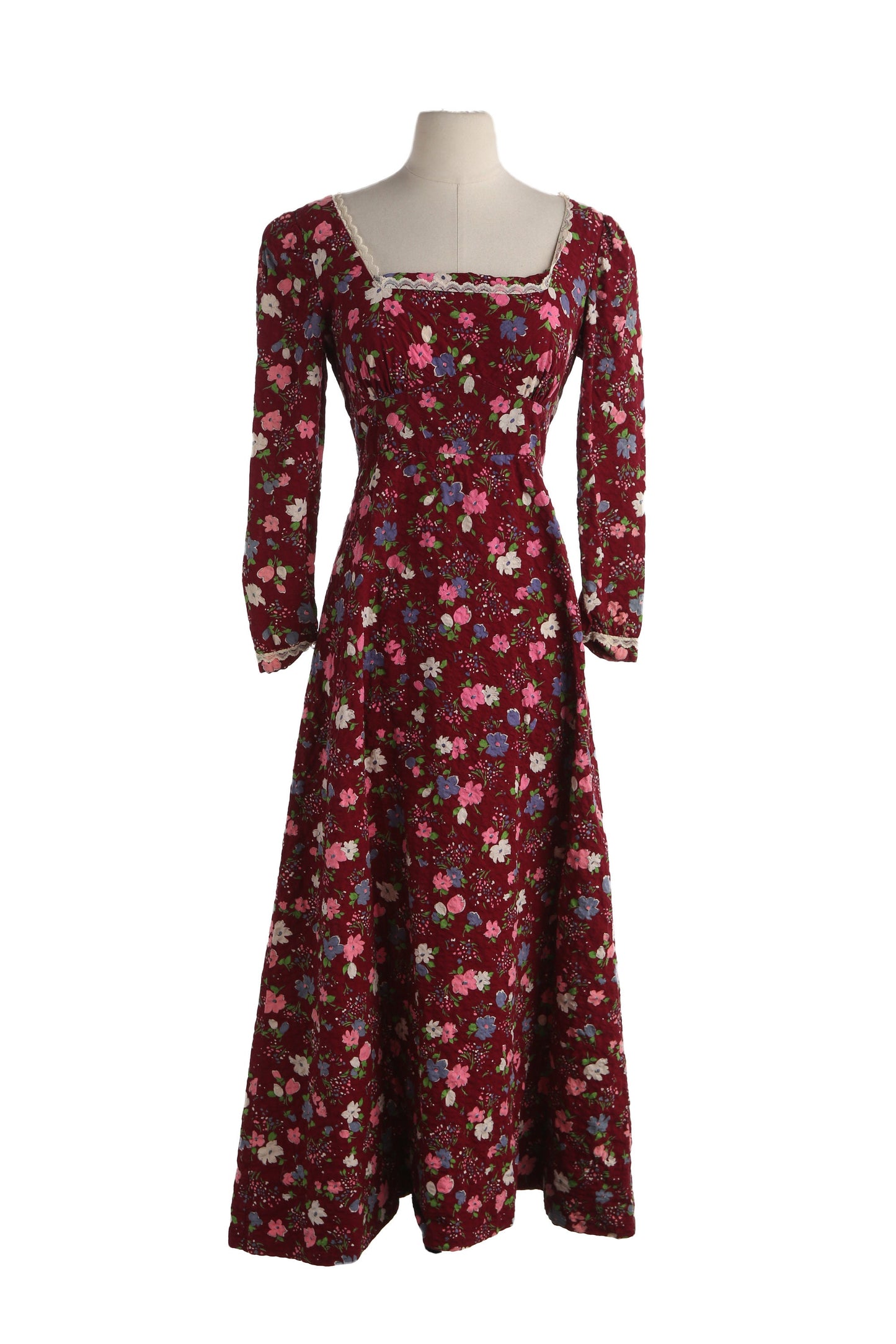 70s Women red Floral Print Long Prairie Cotton Dress by Lang