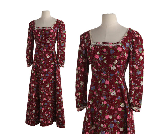 70s Women red Floral Print Long Prairie Cotton Dress by Lang