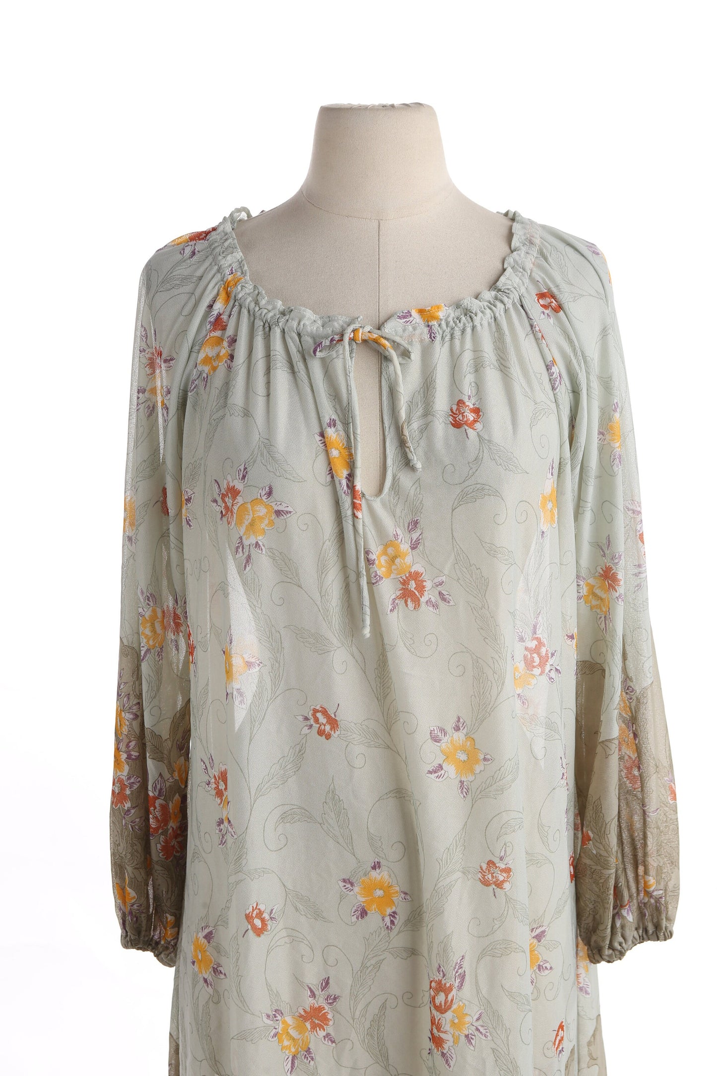 70s Floral Print Sheer Blouson Dress