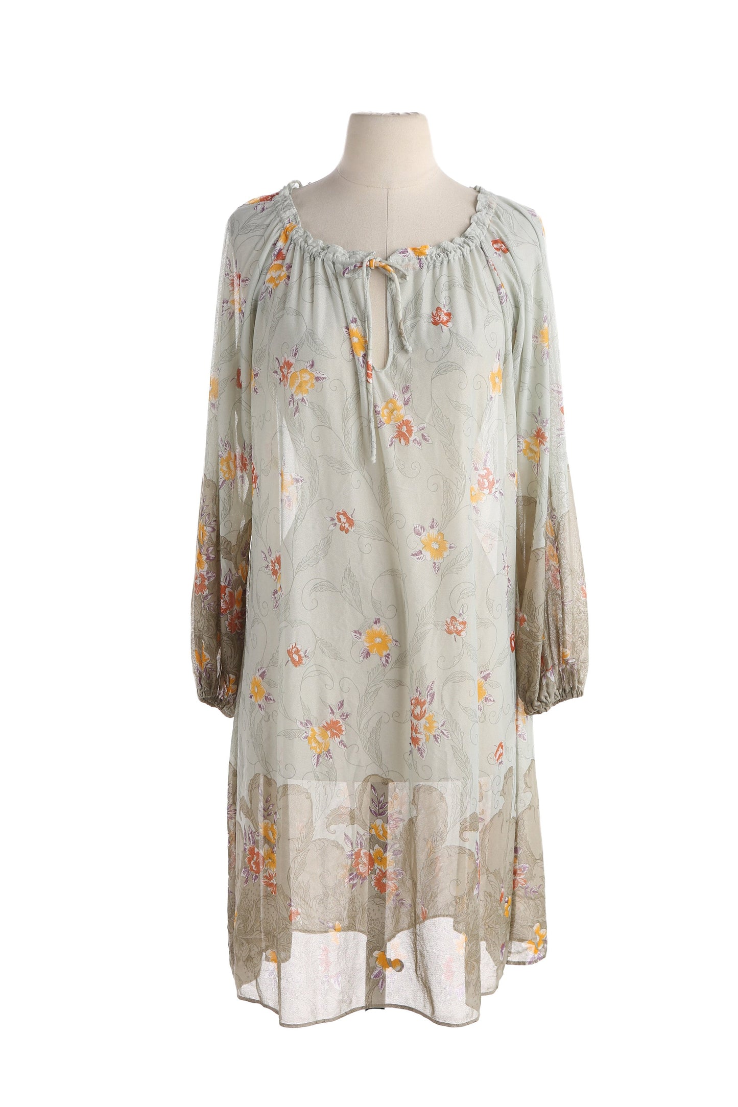 70s Floral Print Sheer Blouson Dress