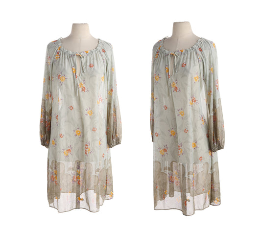 70s Floral Print Sheer Blouson Dress