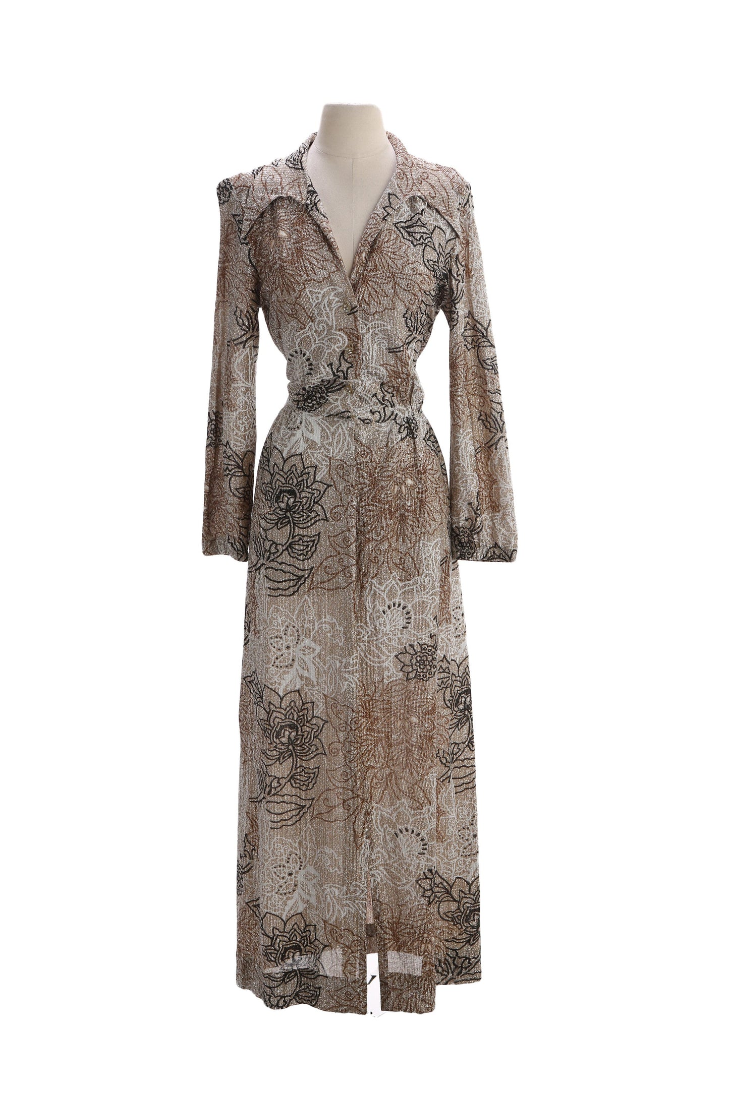 70s Women Brown Floral Print Long Poly Dress