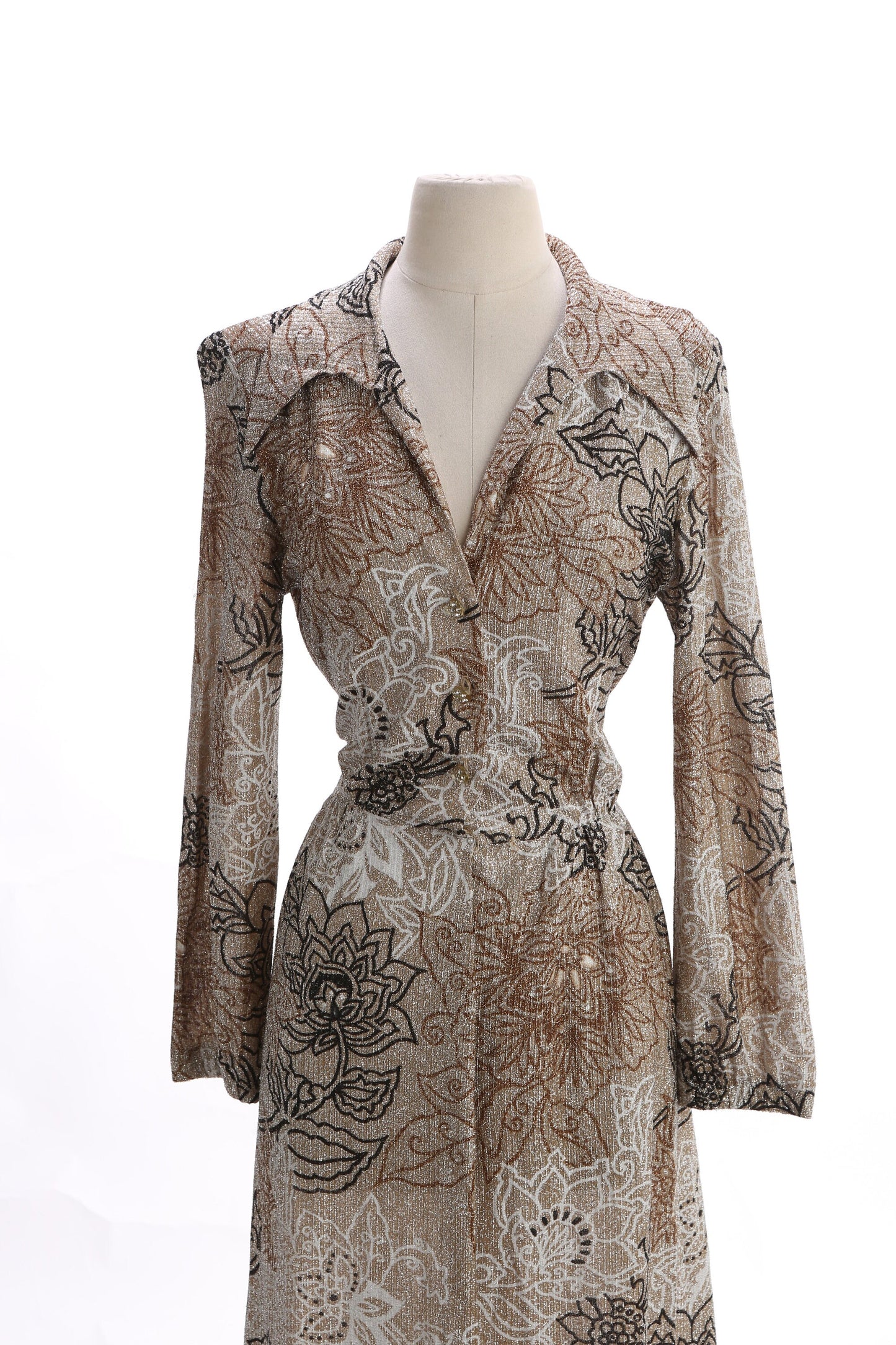 70s Women Brown Floral Print Long Poly Dress