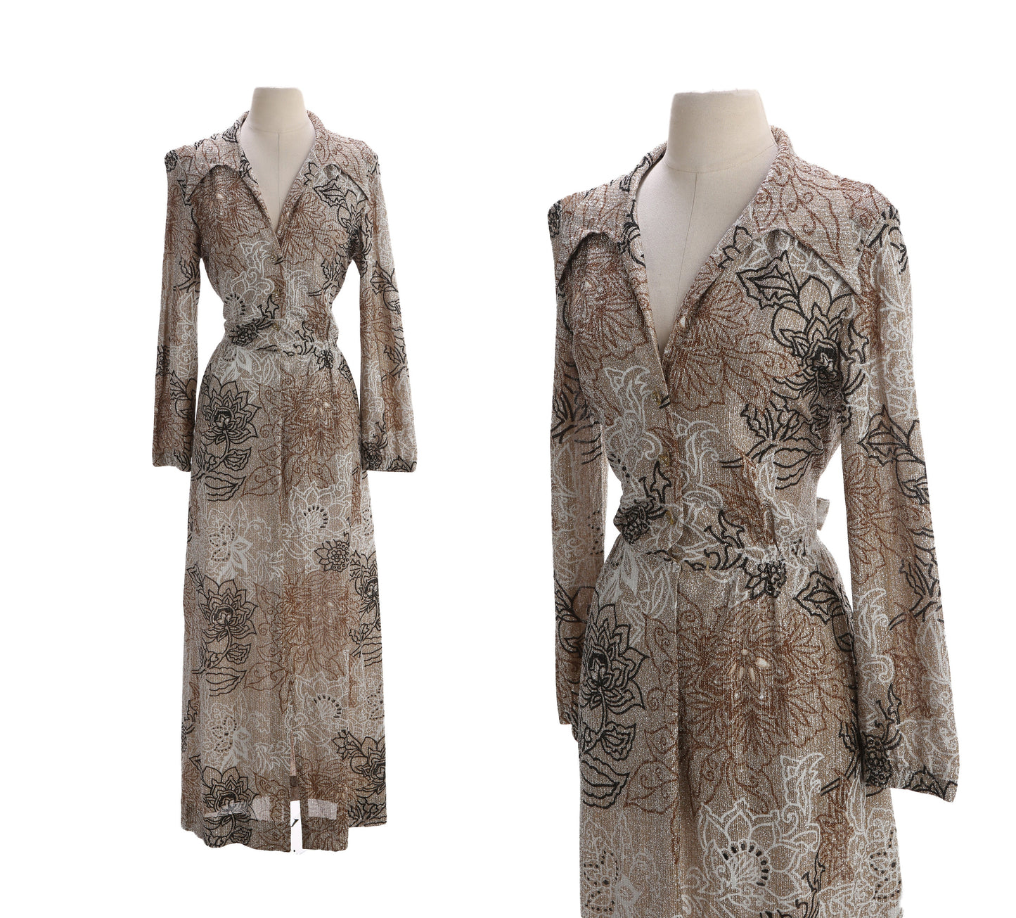 70s Women Brown Floral Print Long Poly Dress