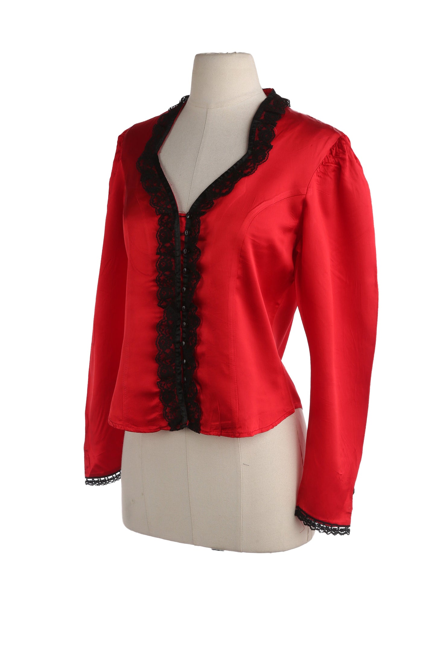 90s Women Red Poly Ruffled Chest Seam Blouse by Marylin Lenox from Circle T