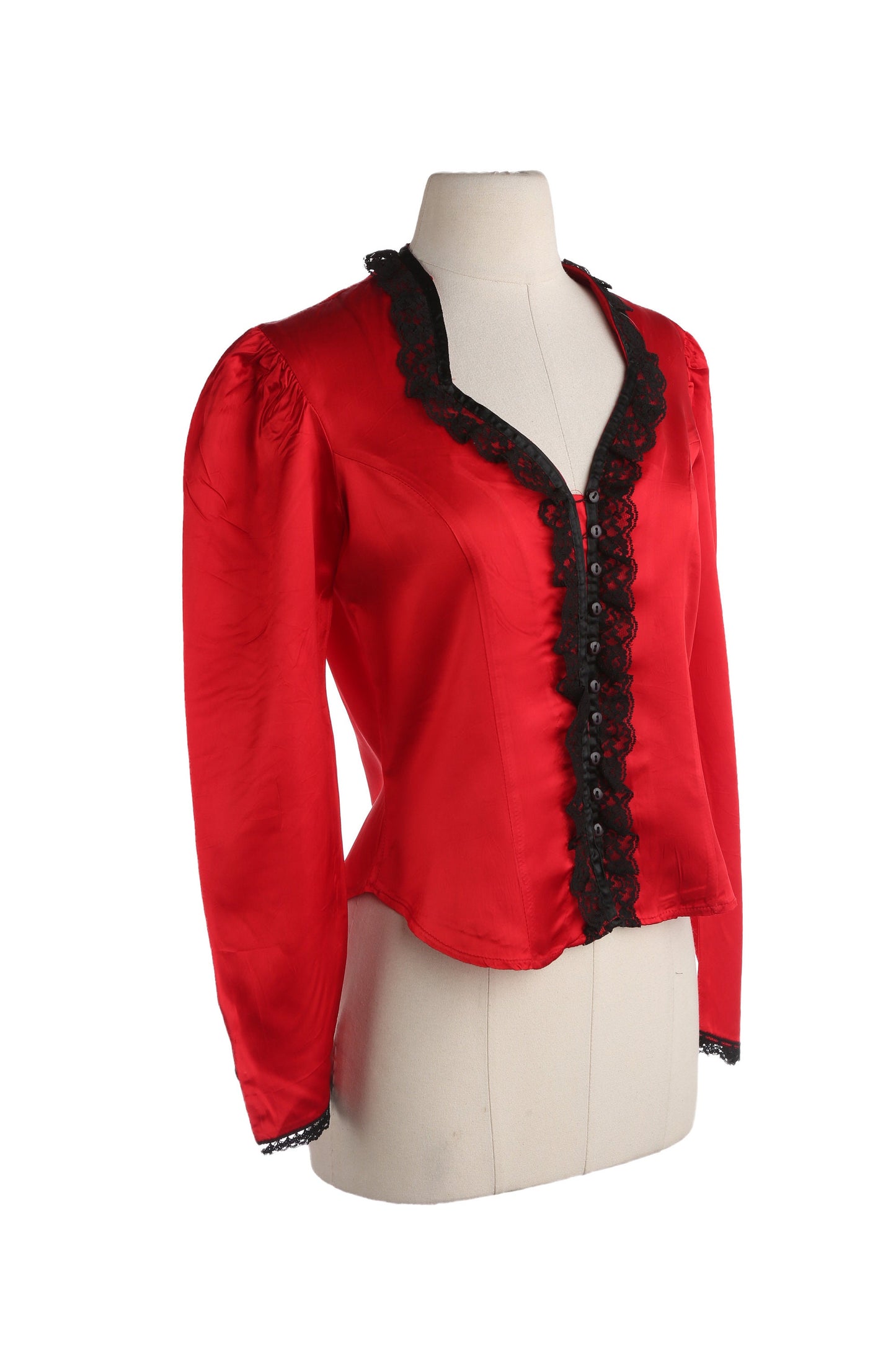 90s Women Red Poly Ruffled Chest Seam Blouse by Marylin Lenox from Circle T