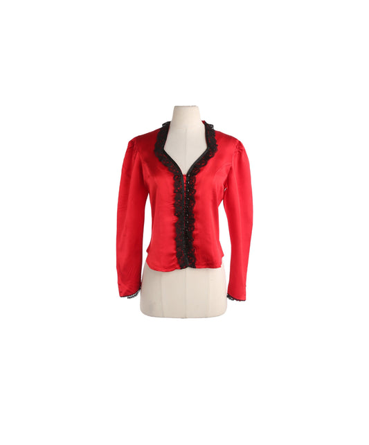 90s Women Red Poly Ruffled Chest Seam Blouse by Marylin Lenox from Circle T