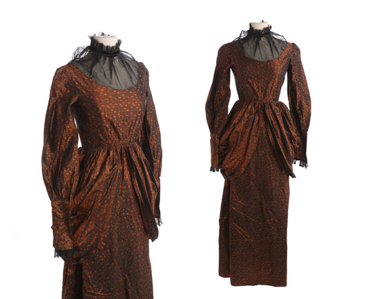 Vintage Women's Victorian Style Dress with Black Sheer Poly Collar and Floral Brown Shiny Brocade Fabric Pattern - Estimated Era 40s - 50s