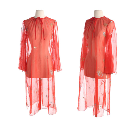 Vintage Women's Red Sheer Slip Dress with Golde Leaf Fabric Prints