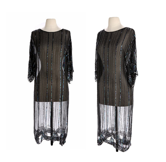 Vintage Women's Black Sheer Beaded Silk Dress