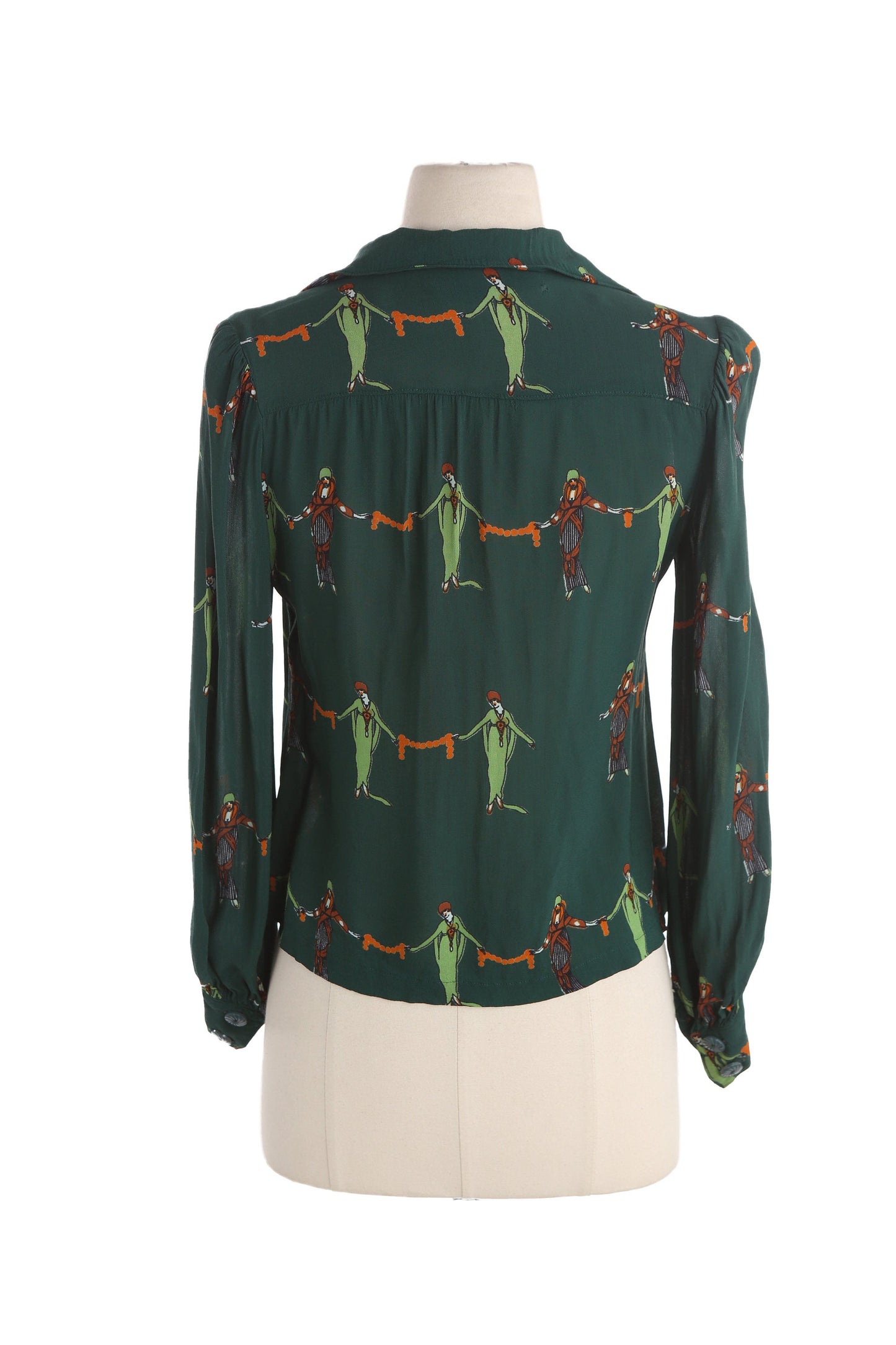 Vintage Green Casual Blouse with Gatsby Girls Print