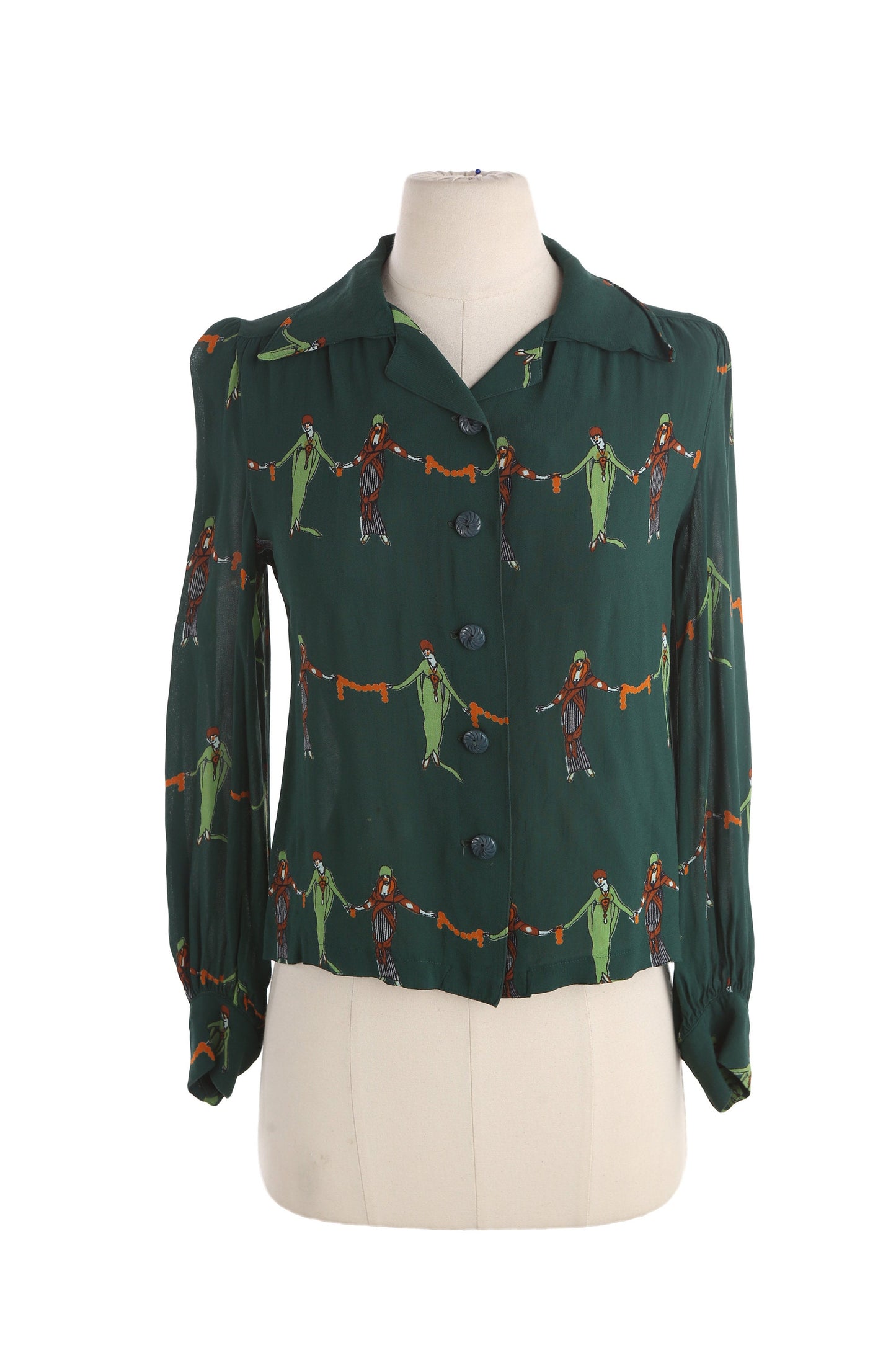 Vintage Green Casual Blouse with Gatsby Girls Print