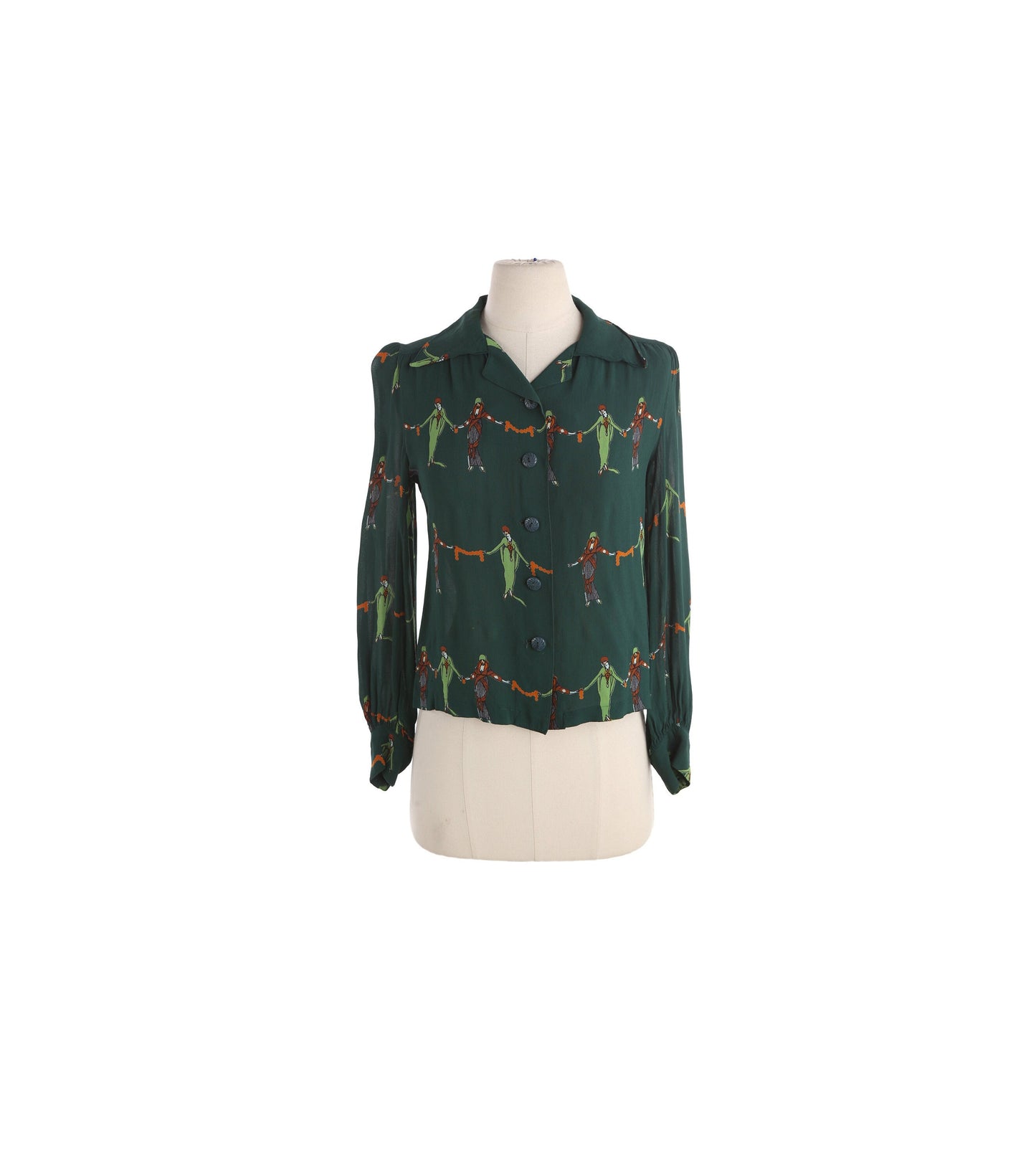 Vintage Green Casual Blouse with Gatsby Girls Print