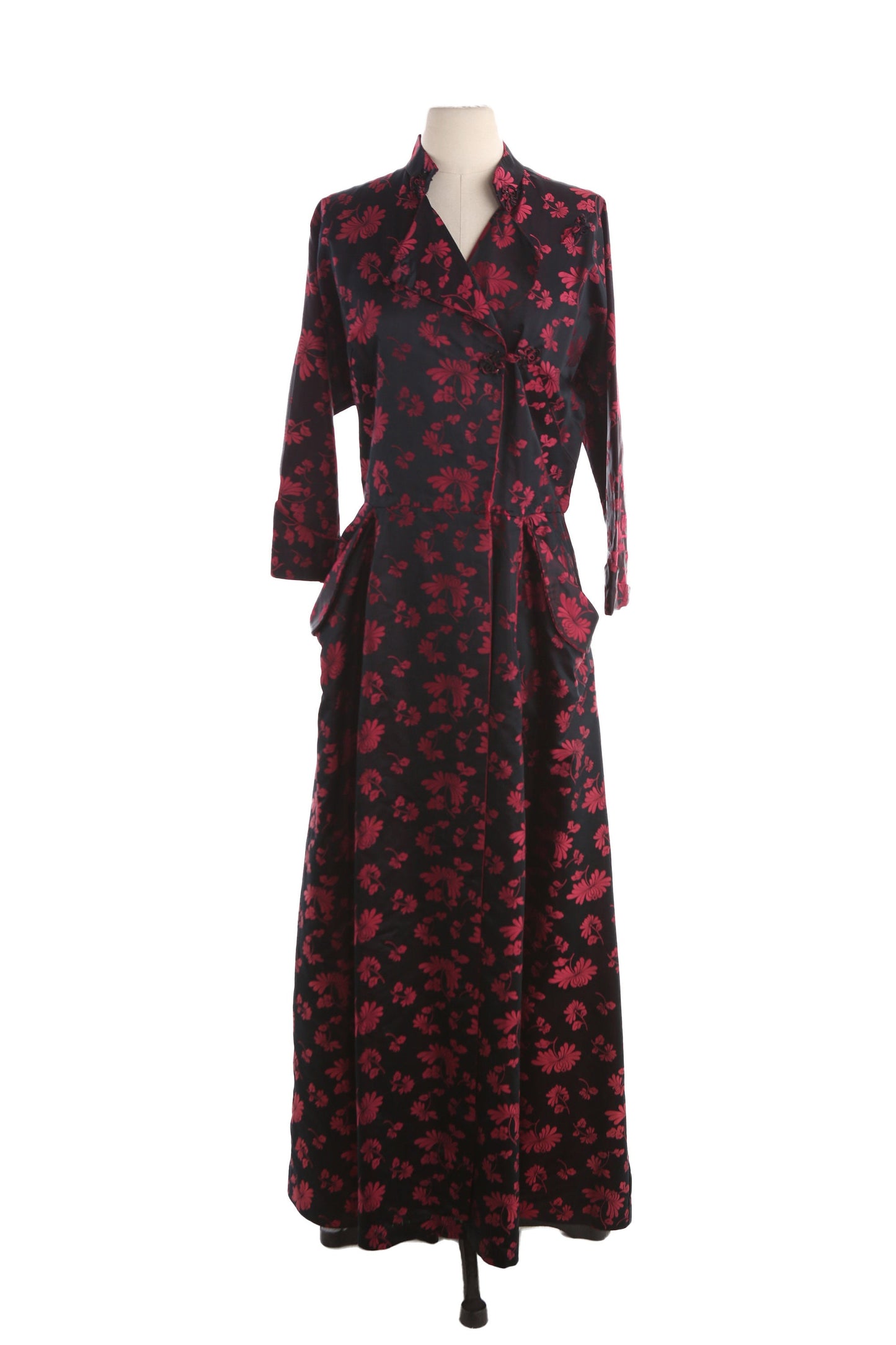 Vintage Black Cheongsam Floral Print Brocade Dress by DYNASTY / Made in Hong Kong