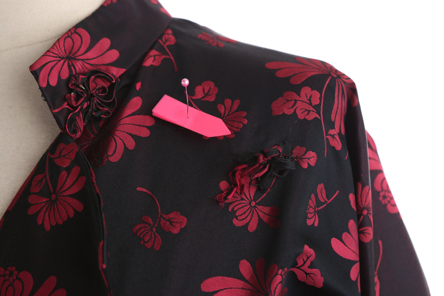 Vintage Black Cheongsam Floral Print Brocade Dress by DYNASTY / Made in Hong Kong