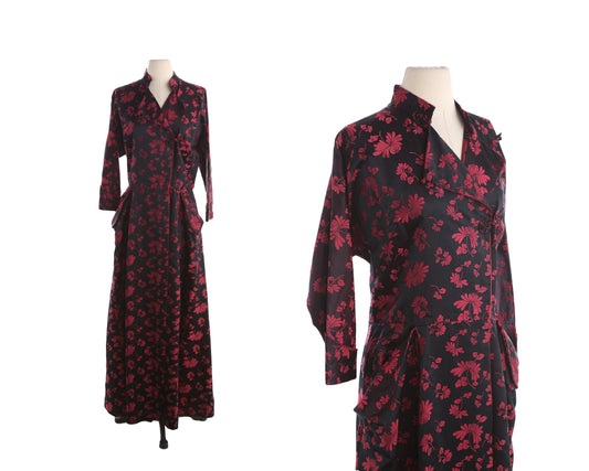 Vintage Black Cheongsam Floral Print Brocade Dress by DYNASTY / Made in Hong Kong