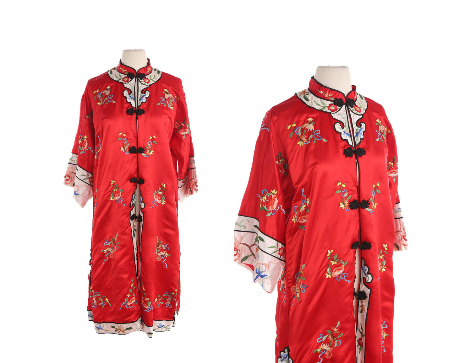 Vintage red Cheongsam Robe with Embroidered Details by Golden Bee