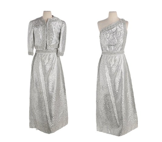 Vintage Silver Evening Formal Set Dress and Jacket / Estimated Era: 40s - 50s / Hollywood Gala