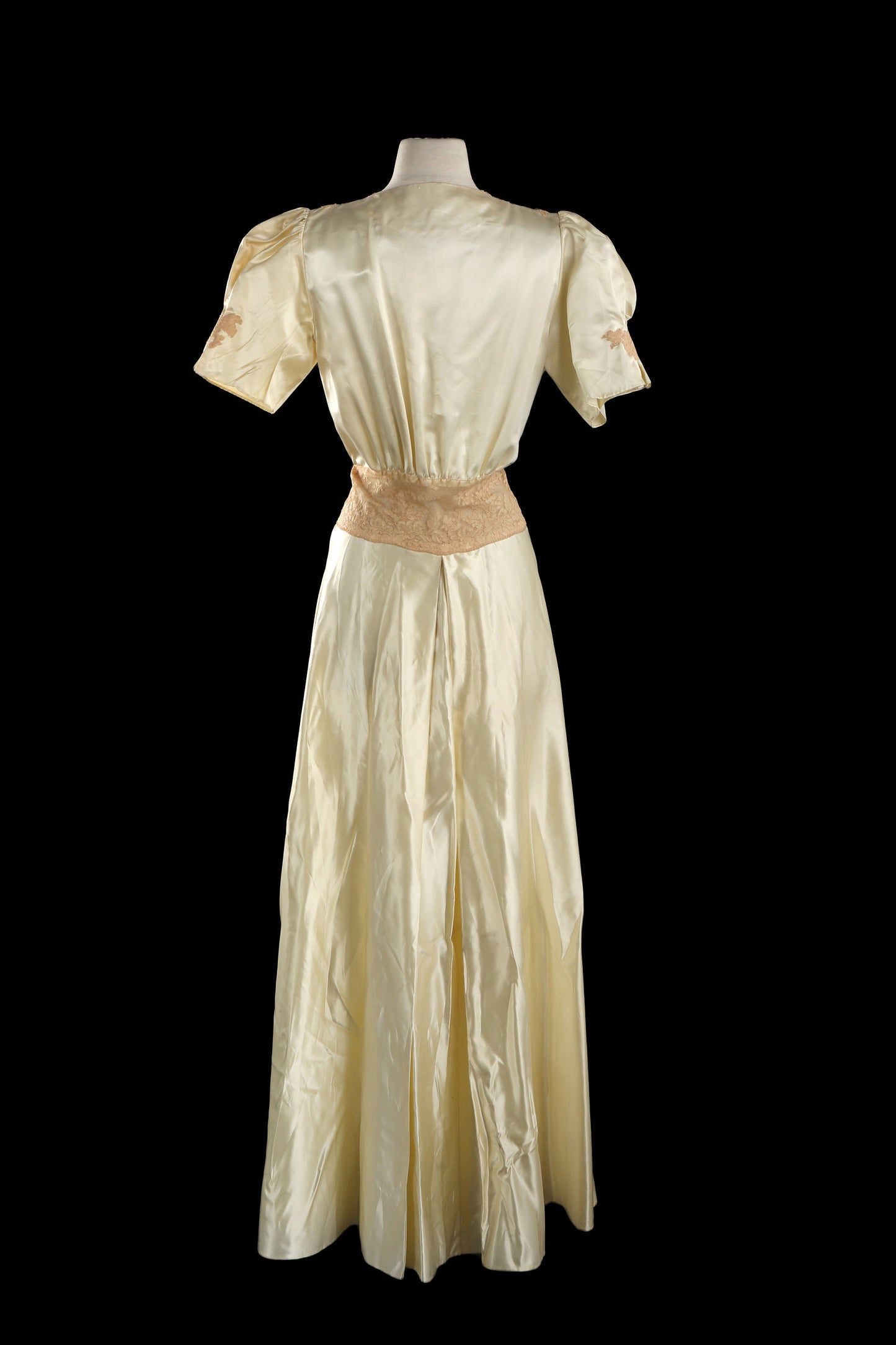 Vintage 1940s Yellow Nightgown Dress with Brown Lace Embroidered Details